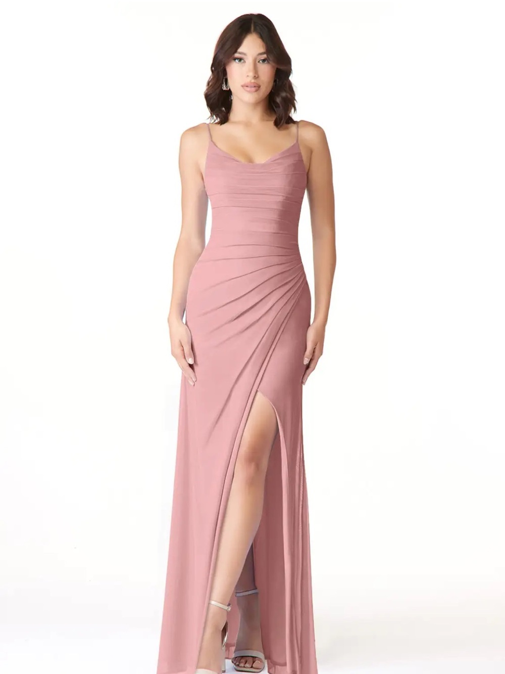AZAZIE Dusty Rose Ruched Spaghetti Strap Evening Gown with Thigh Slit sz 14 - Picture 3 of 16